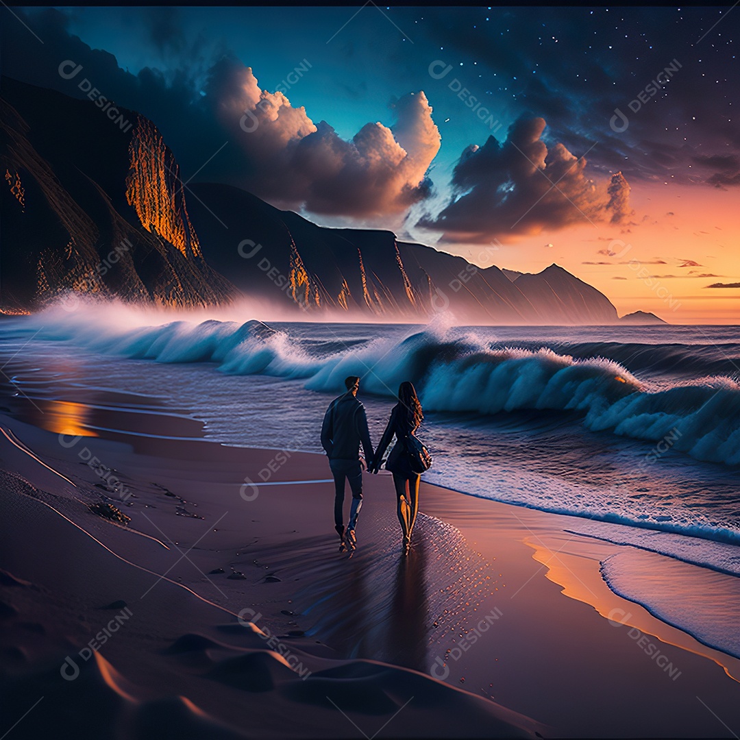 Imagem realista de linda silhueta de casal andando sobre praia