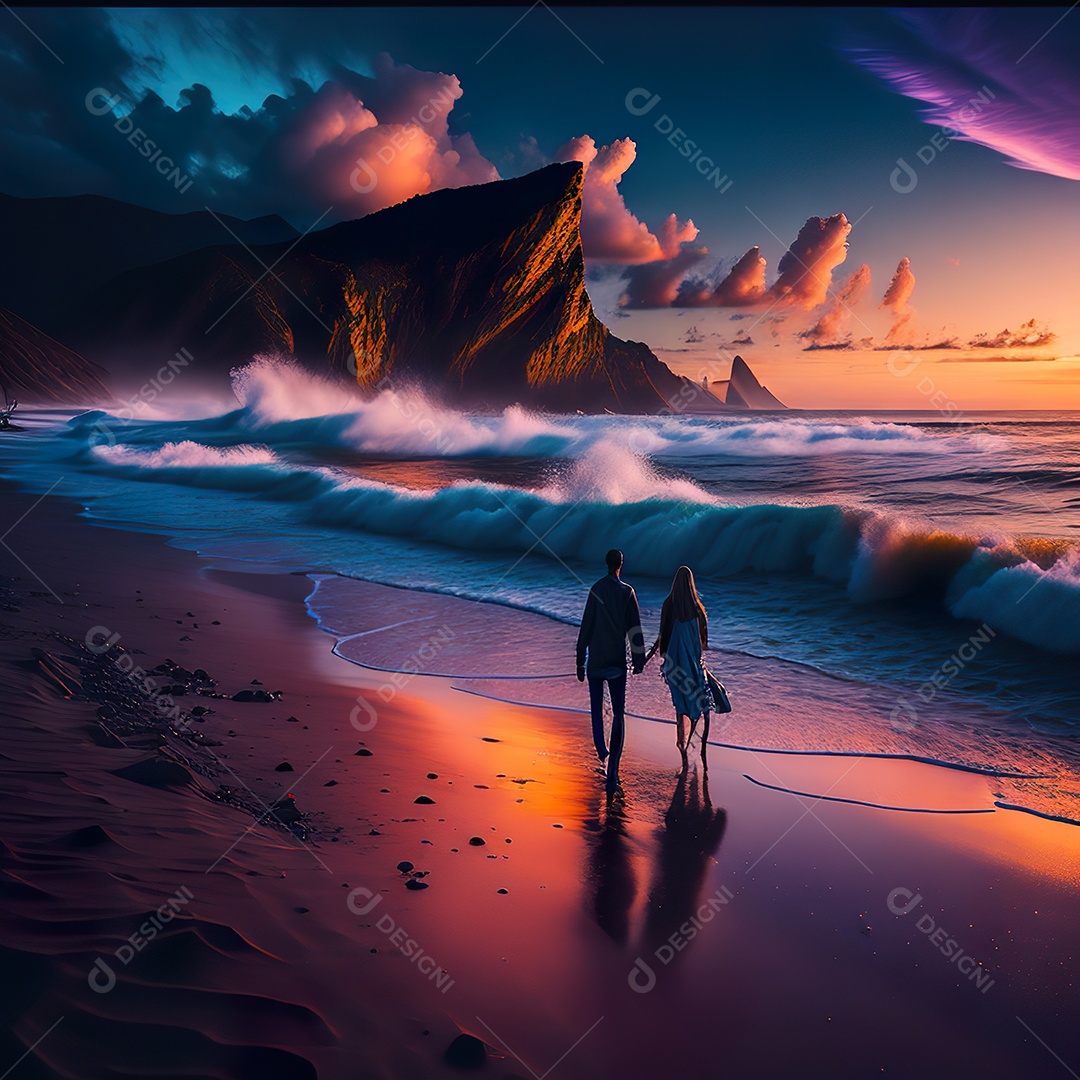 Imagem realista de linda silhueta de casal andando sobre praia