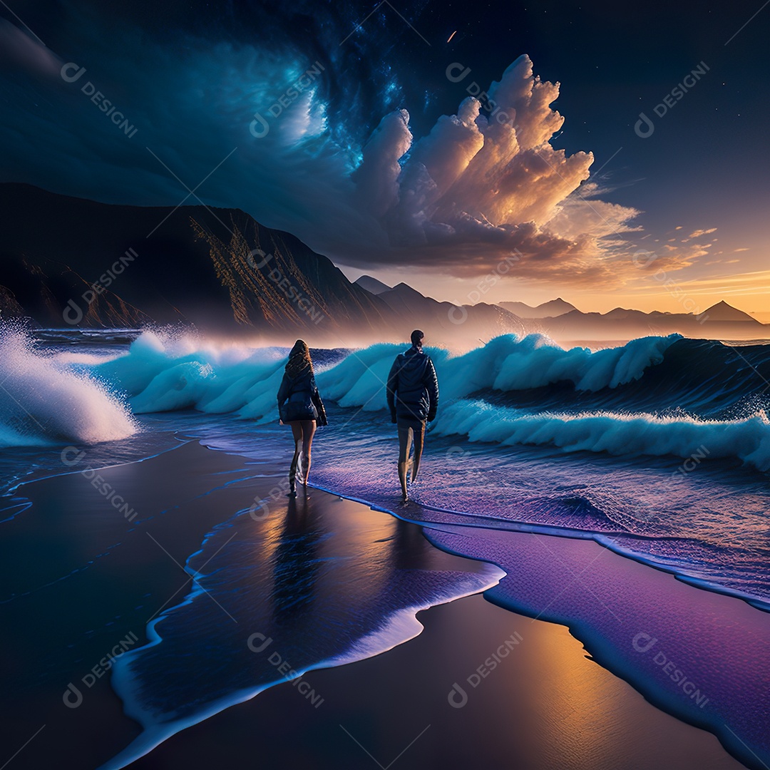 Imagem realista de linda silhueta de casal andando sobre praia