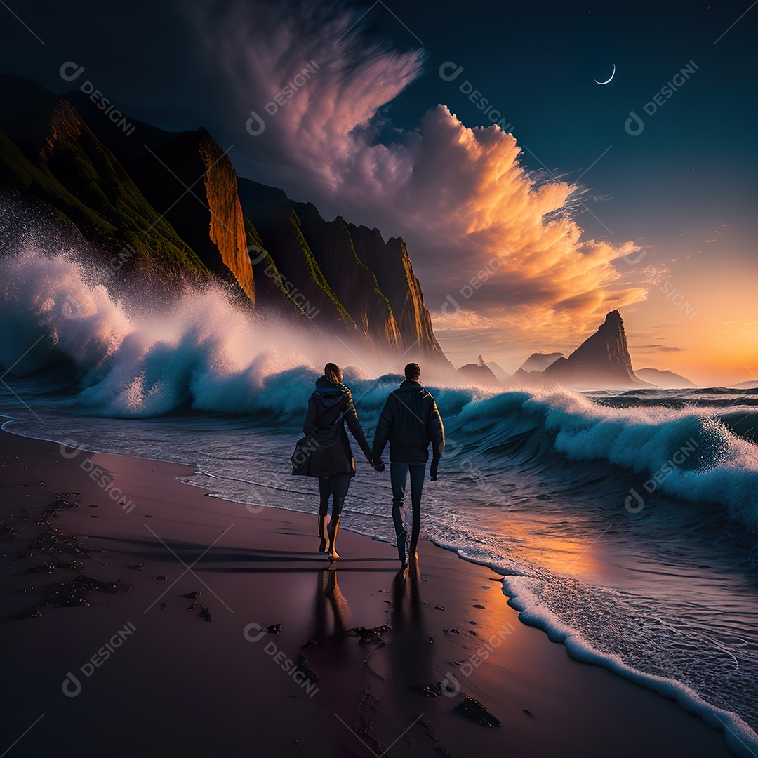 Imagem realista de linda silhueta de casal andando sobre praia