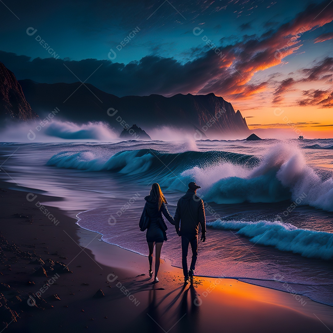 Imagem realista de linda silhueta de casal andando sobre praia