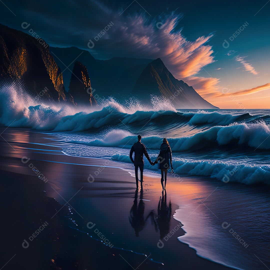 Imagem realista de linda silhueta de casal andando sobre praia