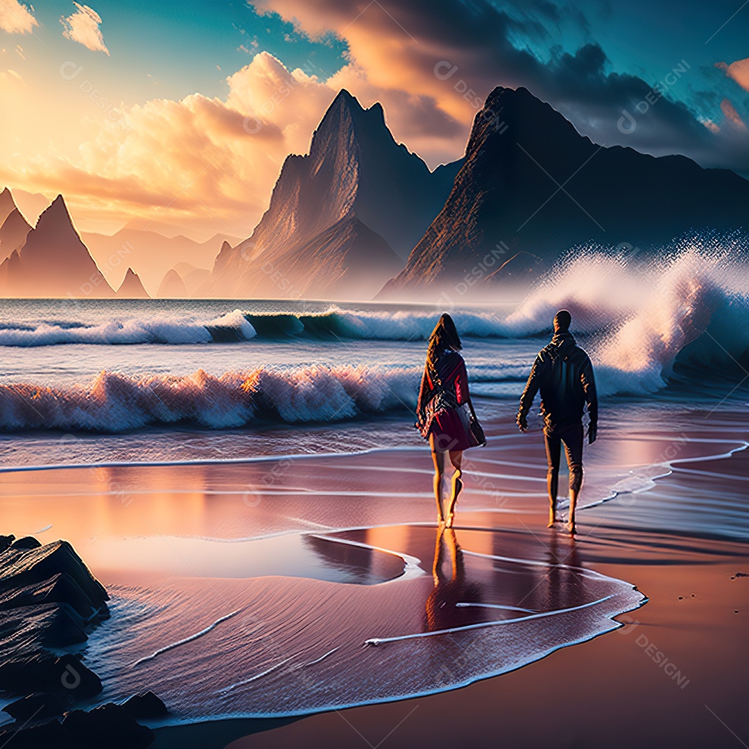 Imagem realista de linda silhueta de casal andando sobre praia