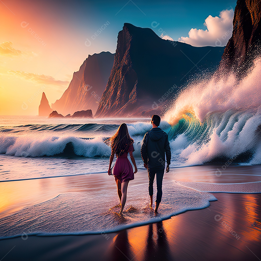 Imagem realista de linda silhueta de casal andando sobre praia