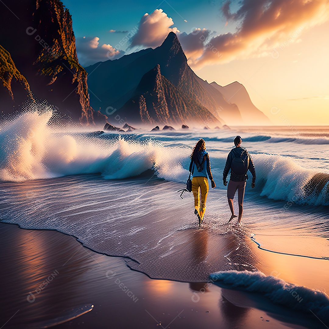 Imagem realista de linda silhueta de casal andando sobre praia