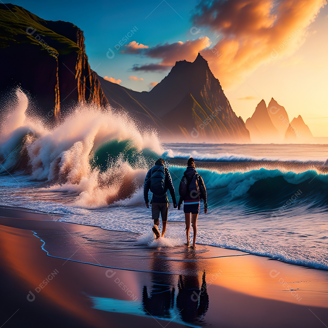 Imagem realista de linda silhueta de casal andando sobre praia