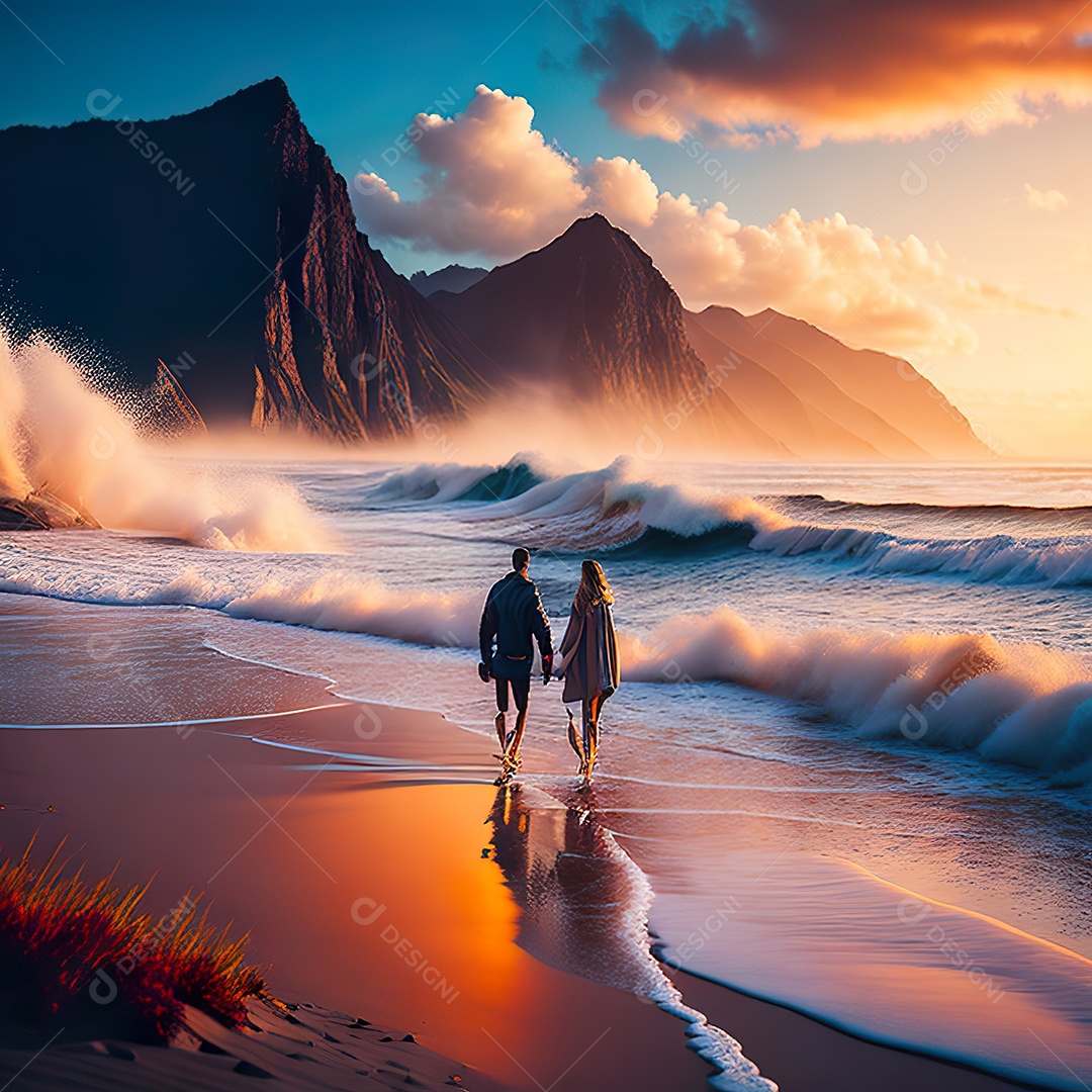 Imagem realista de linda silhueta de casal andando sobre praia