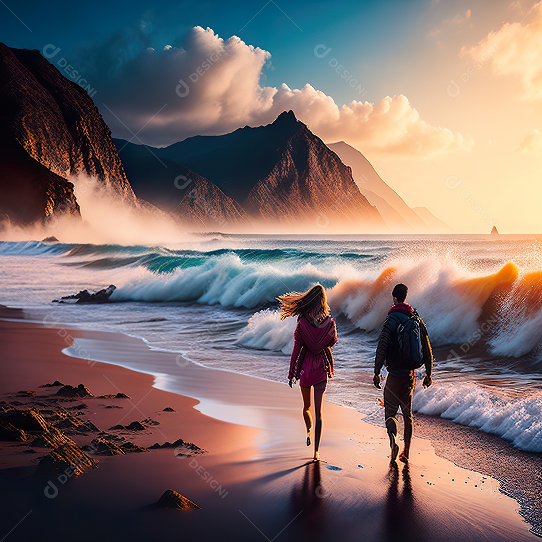 Imagem realista de linda silhueta de casal andando sobre praia