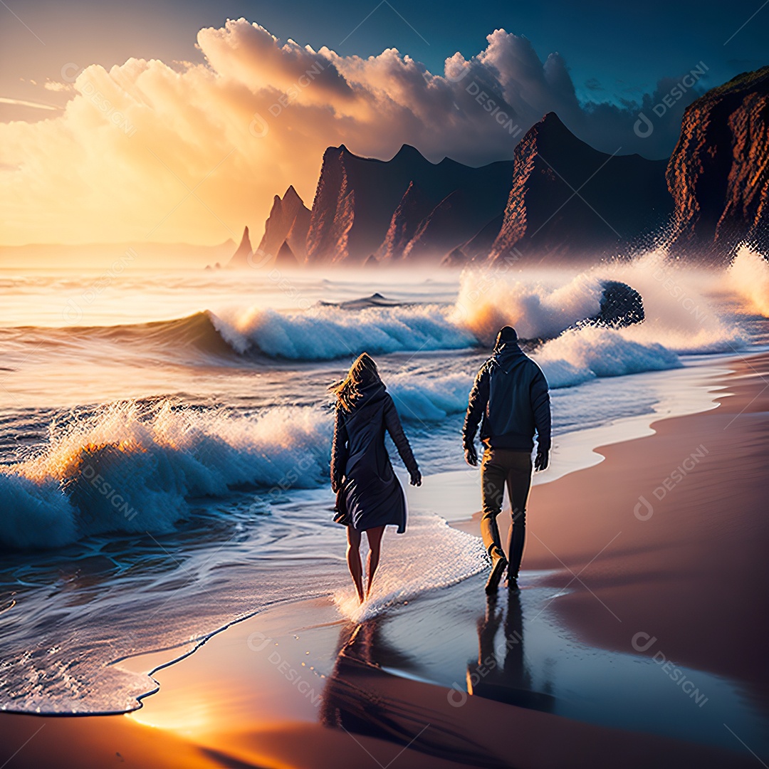 Imagem realista de linda silhueta de casal andando sobre praia