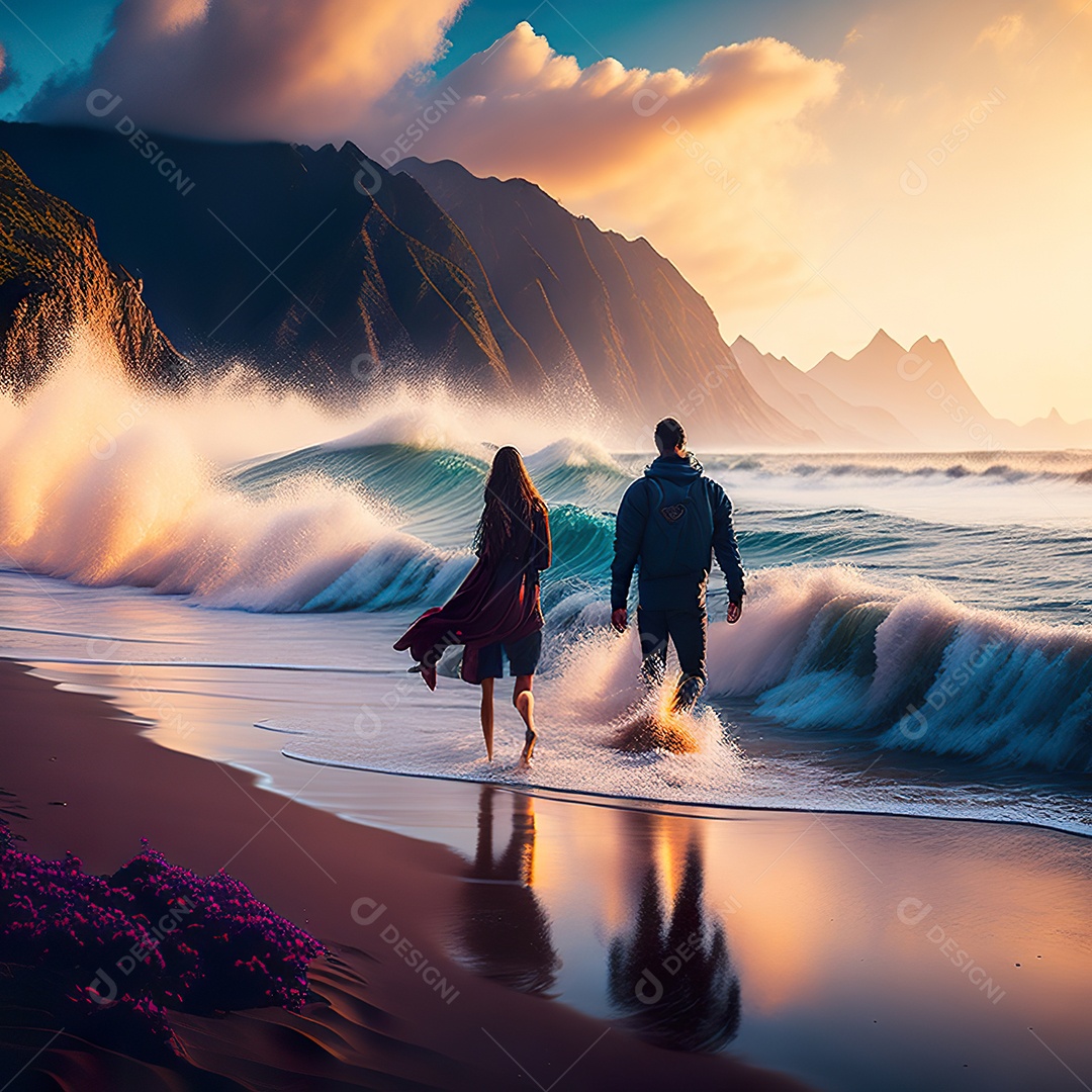 Imagem realista de linda silhueta de casal andando sobre praia