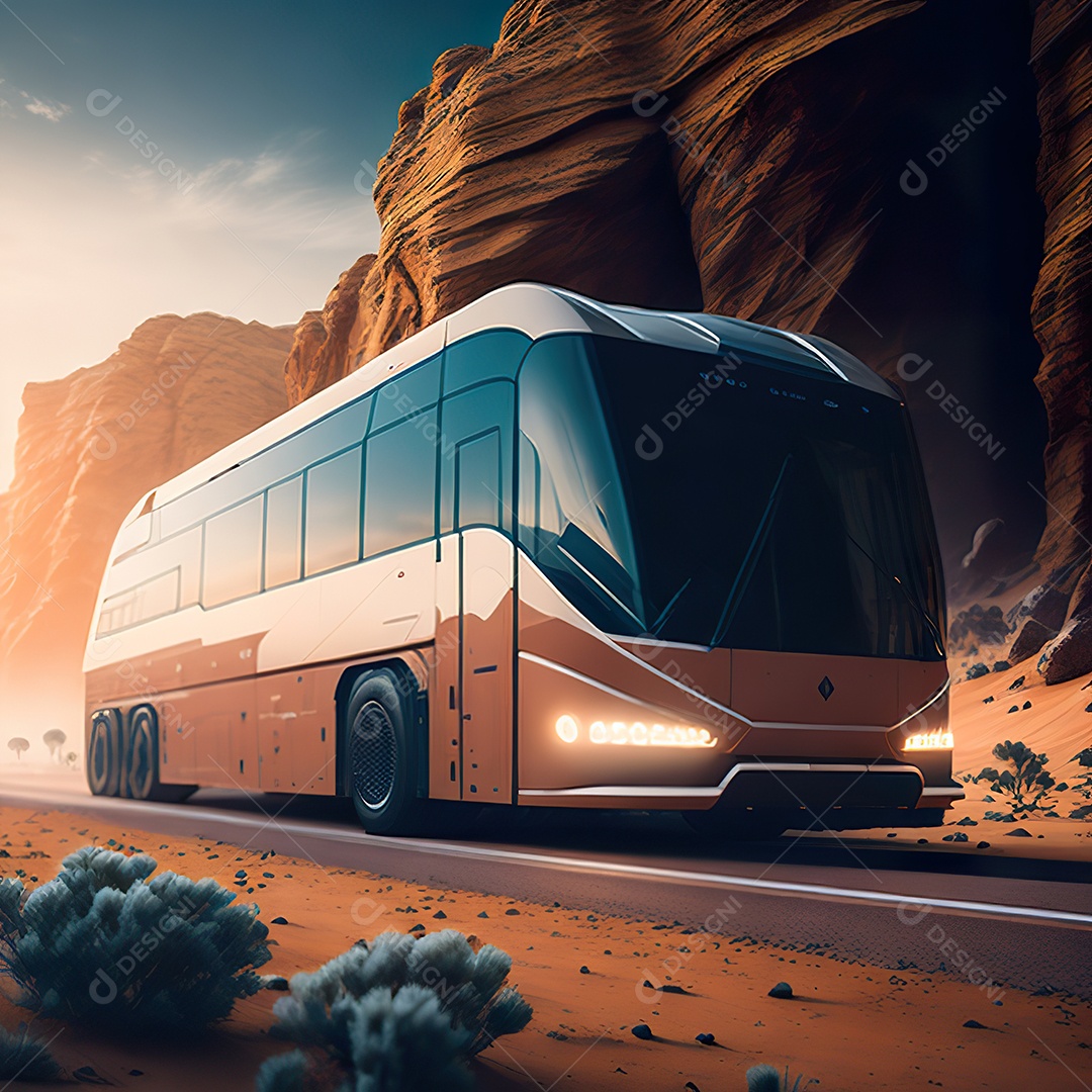 Retrato realista de deserto de ônibus futurista