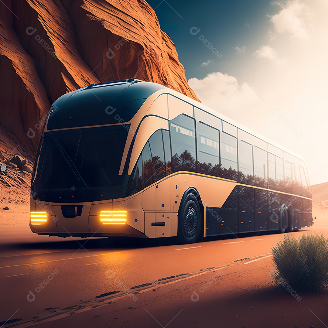 Retrato realista de deserto de ônibus futurista