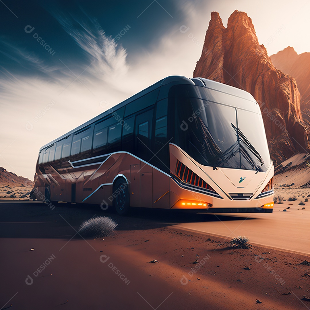 Retrato realista de deserto de ônibus futurista
