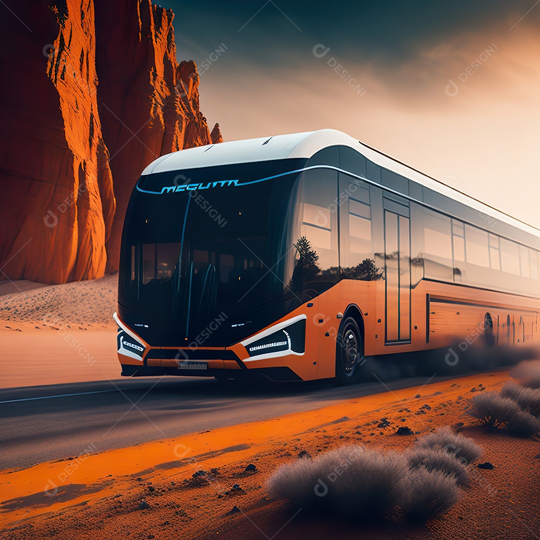 Retrato realista de deserto de ônibus futurista