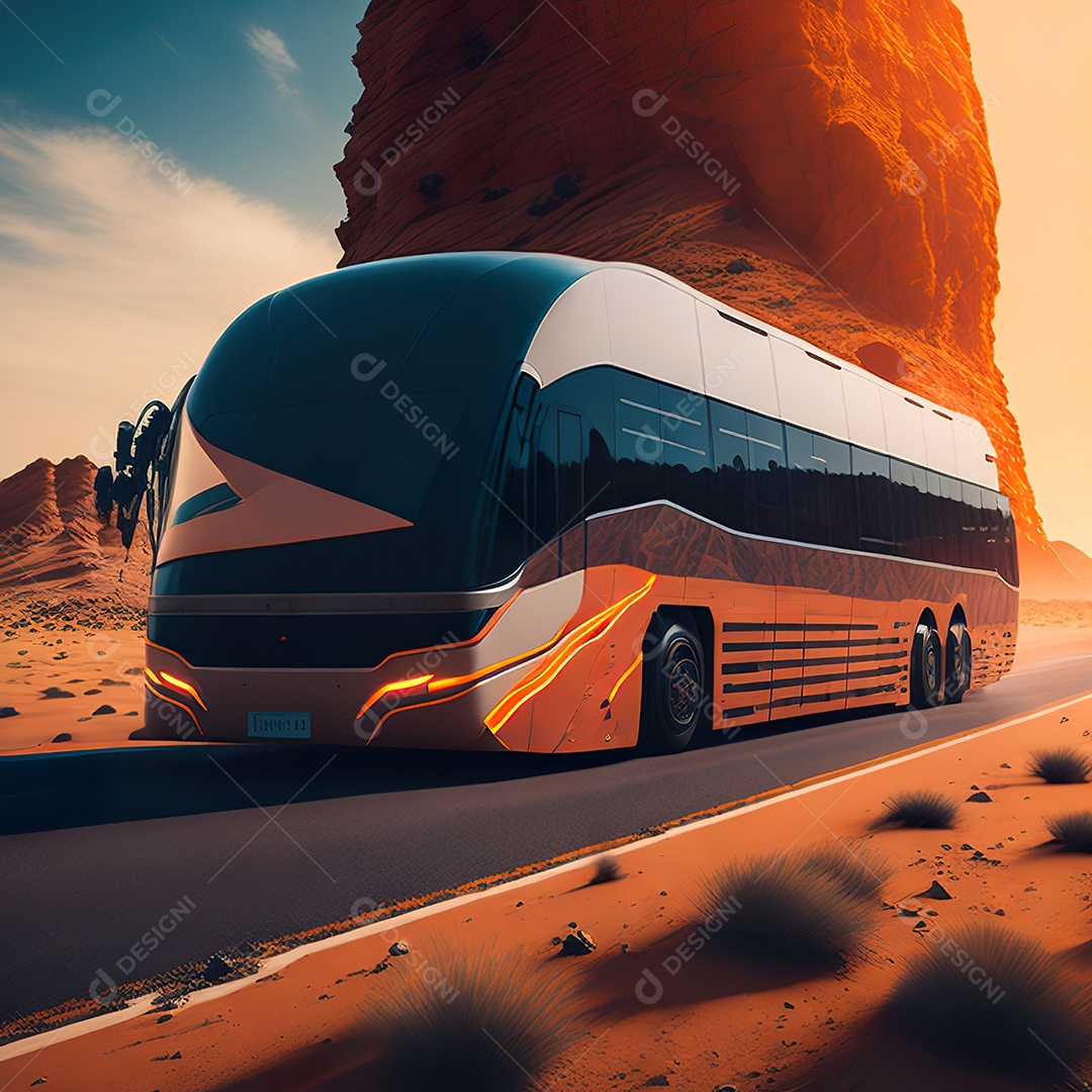 Retrato realista de deserto de ônibus futurista