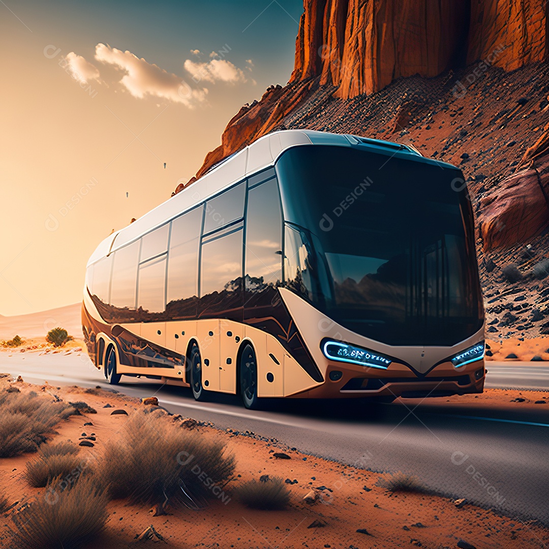 Retrato realista de deserto de ônibus futurista