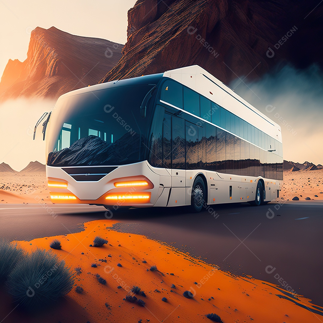 Retrato realista de deserto de ônibus futurista