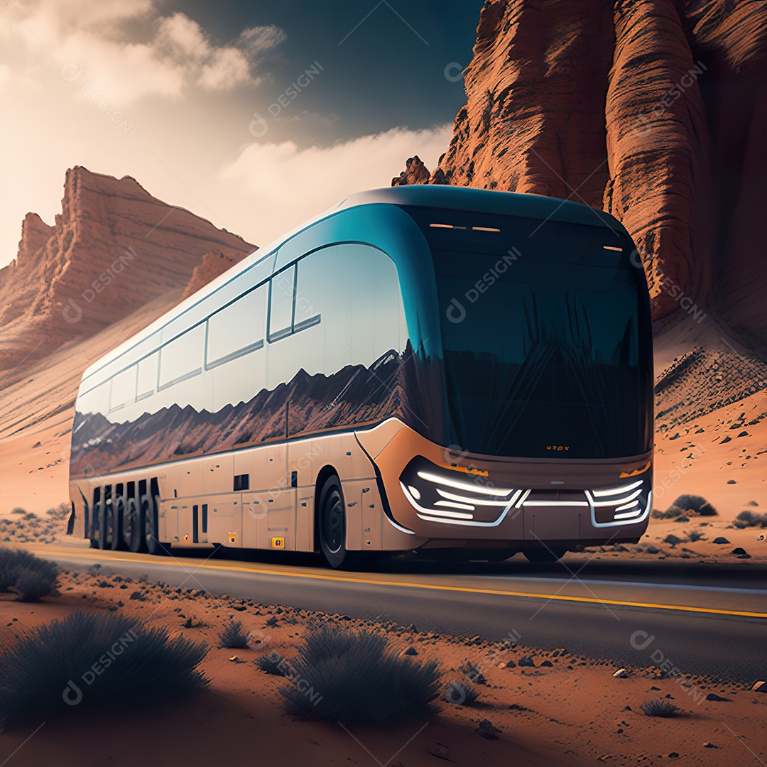 Retrato realista de deserto de ônibus futurista