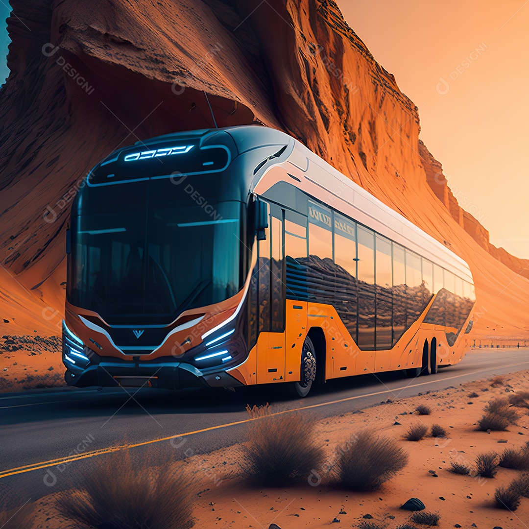 Retrato realista de deserto de ônibus futurista