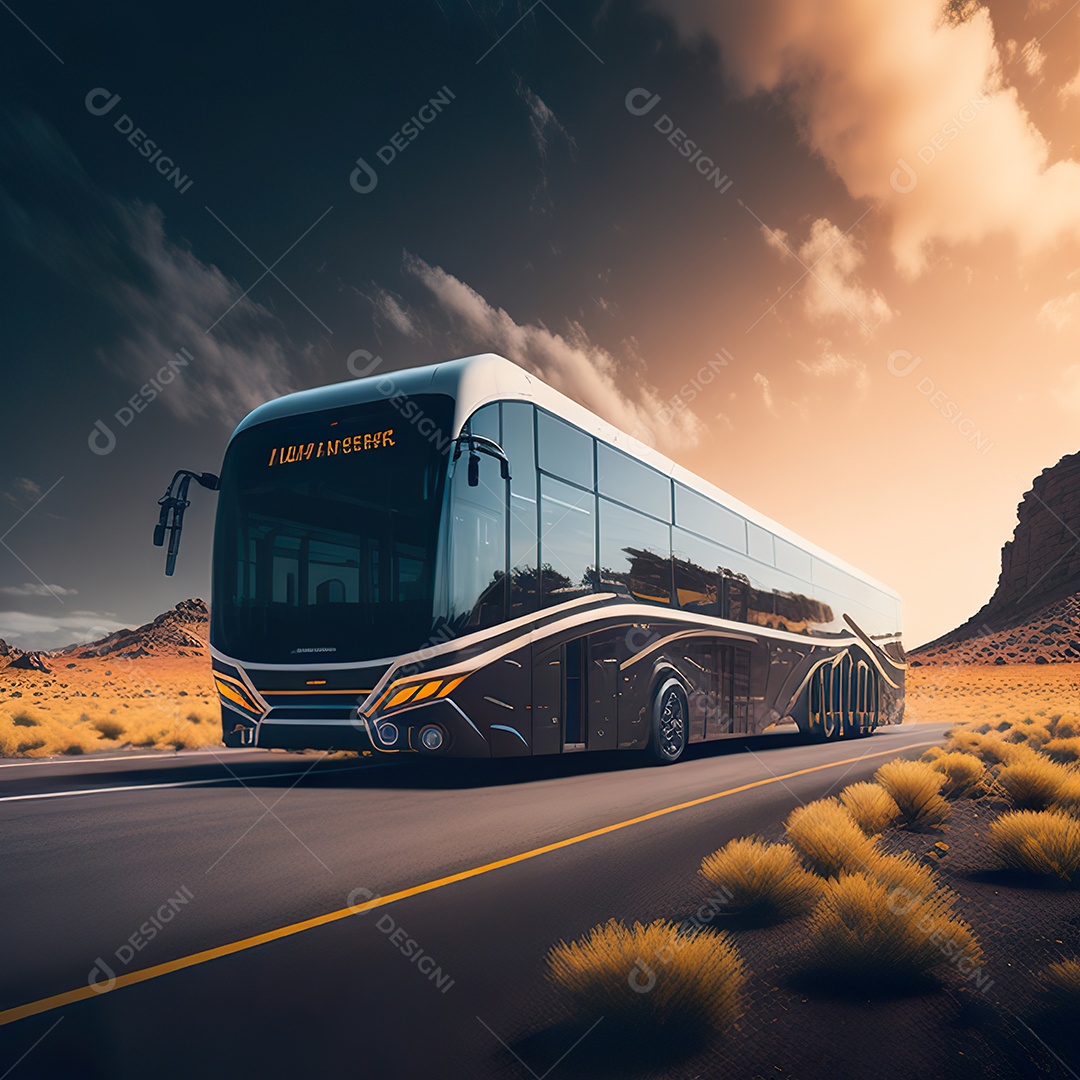 Retrato realista de deserto de ônibus futurista
