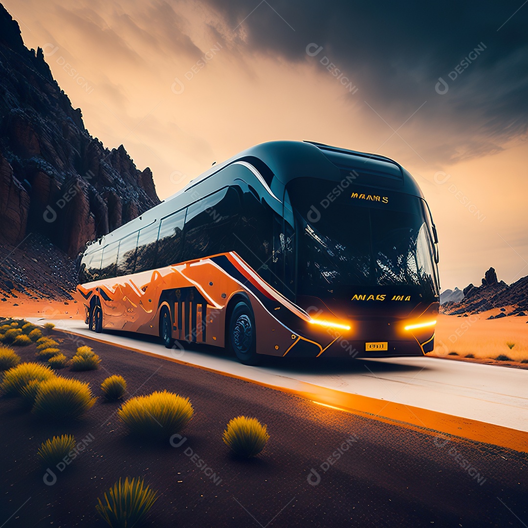 Retrato realista de deserto de ônibus futurista