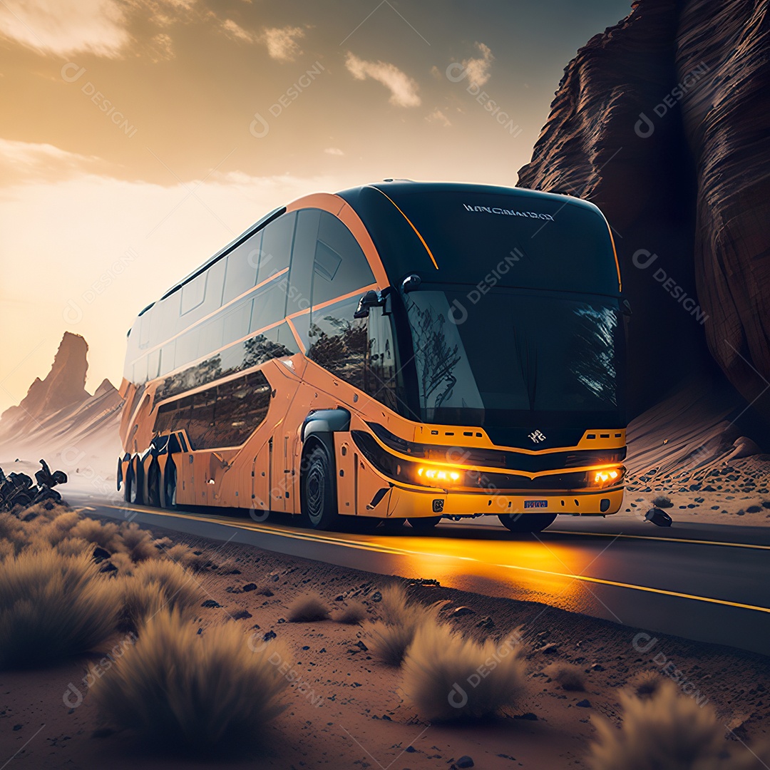 Retrato realista de deserto de ônibus futurista