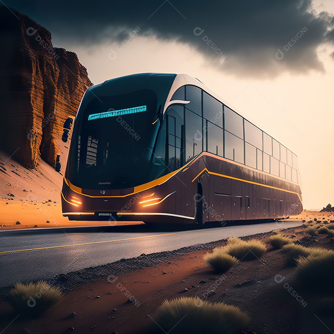 Retrato realista de deserto de ônibus futurista