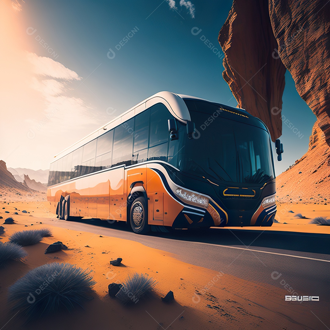 Retrato realista de deserto de ônibus futurista