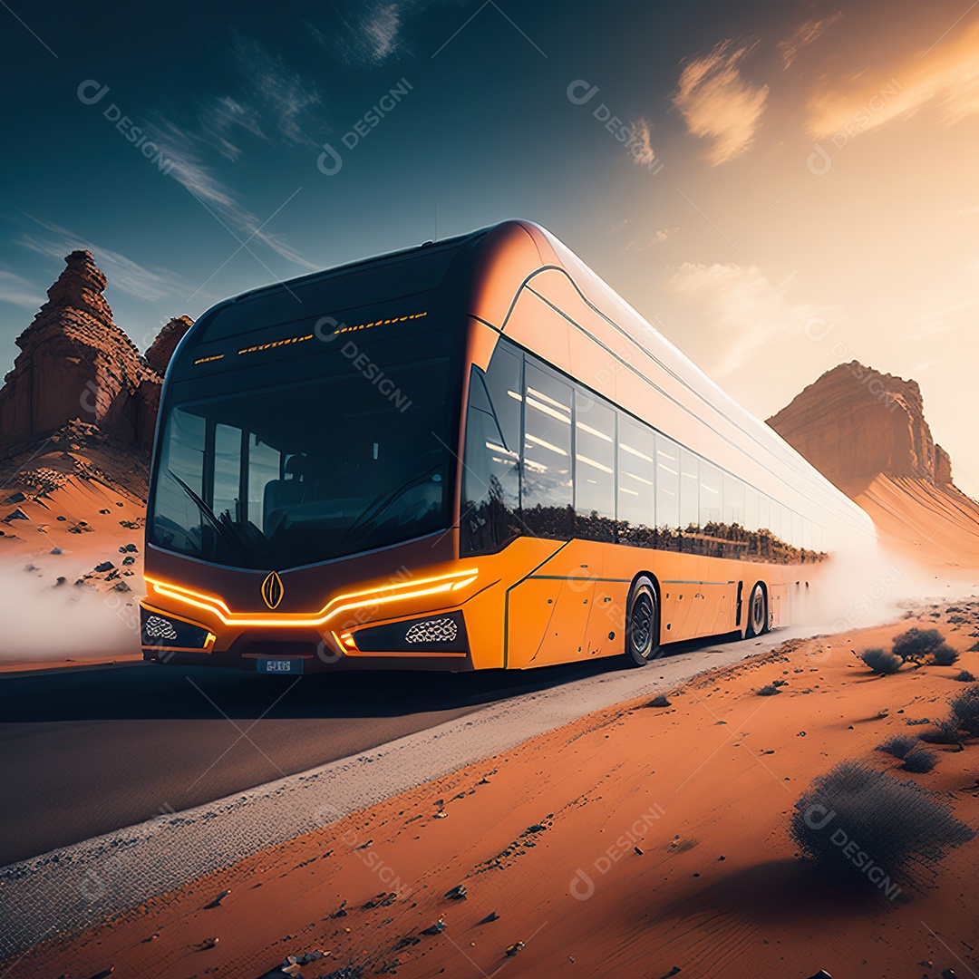 Retrato realista de deserto de ônibus futurista