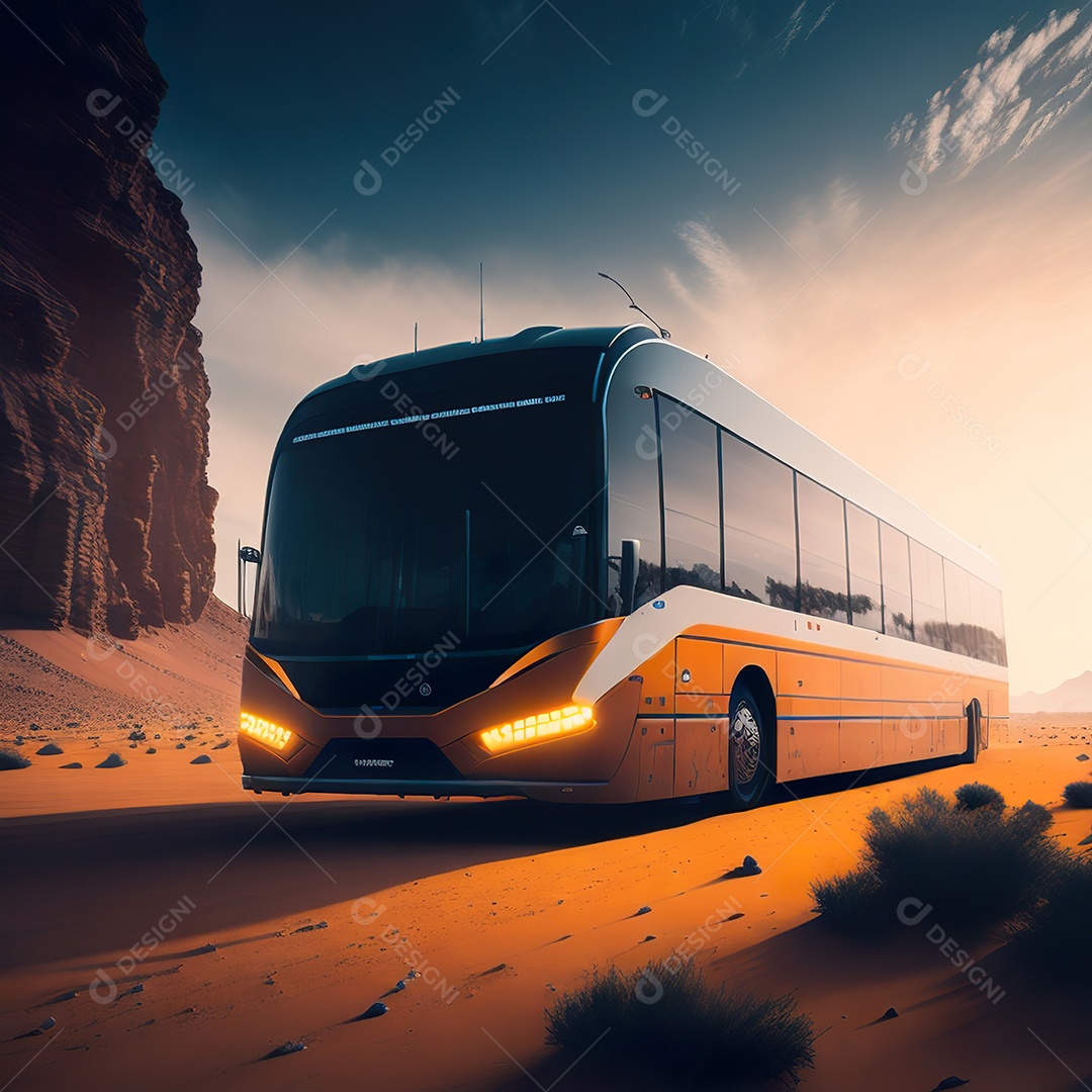 Retrato realista de deserto de ônibus futurista