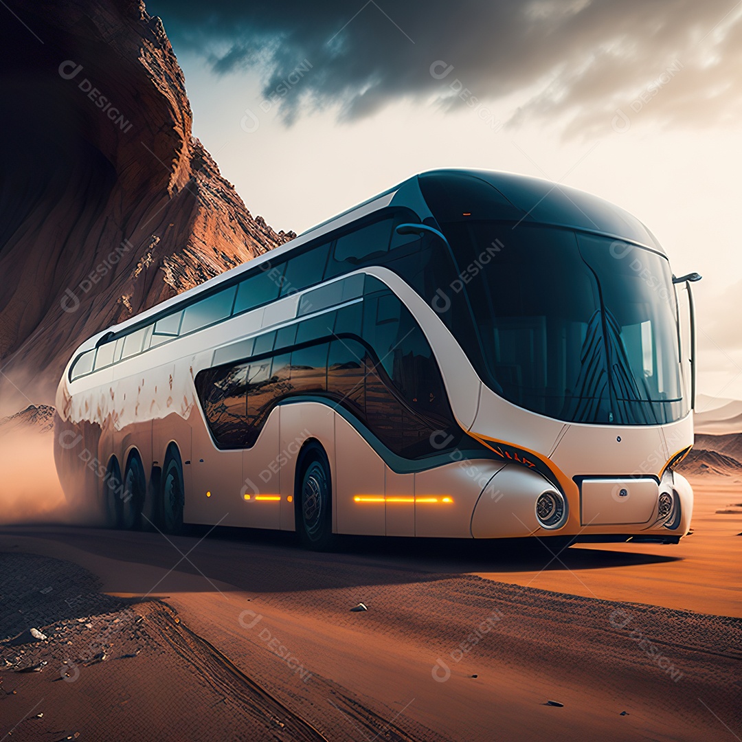 Retrato realista de deserto de ônibus futurista