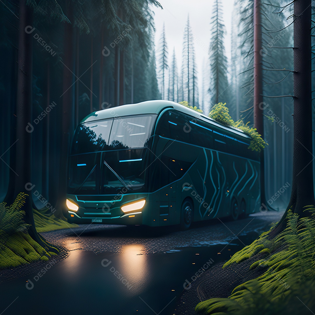 Retrato realista de floresta de ônibus futurista