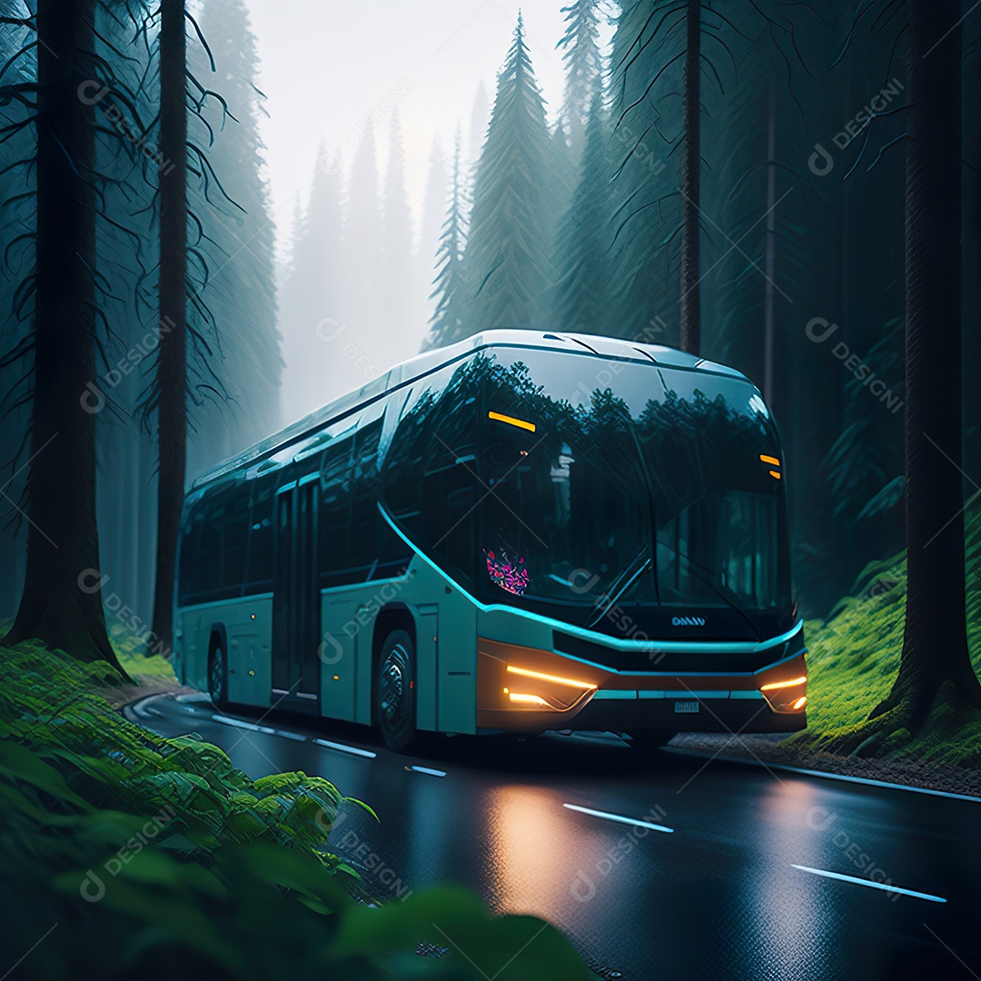 Retrato realista de floresta de ônibus futurista