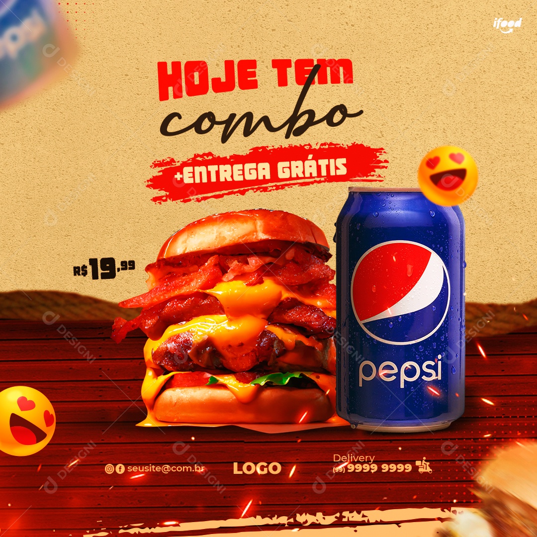 Social Media Hoje Tem Combo + Entrega Grátis Hamburgueria PSD Editável