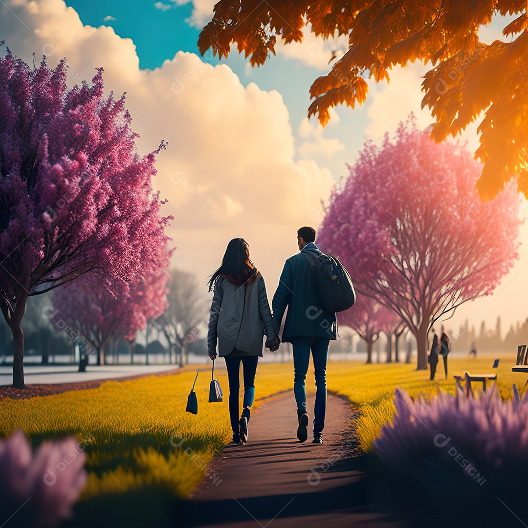 Retrato de um casal jovens caminhando