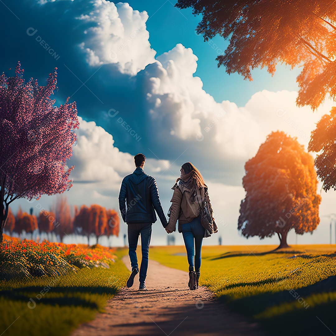 Retrato de um casal jovens caminhando