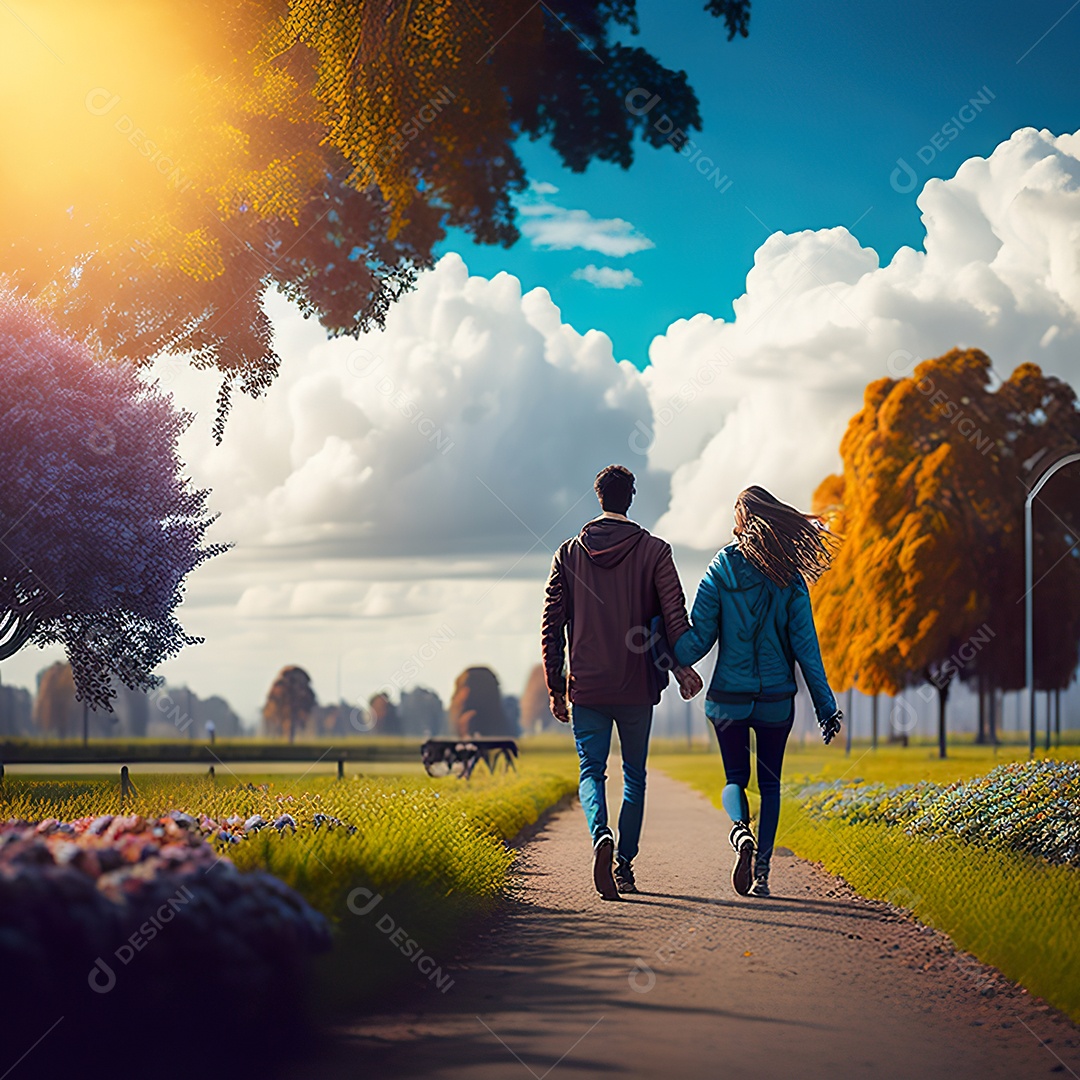 Retrato de um casal jovens caminhando