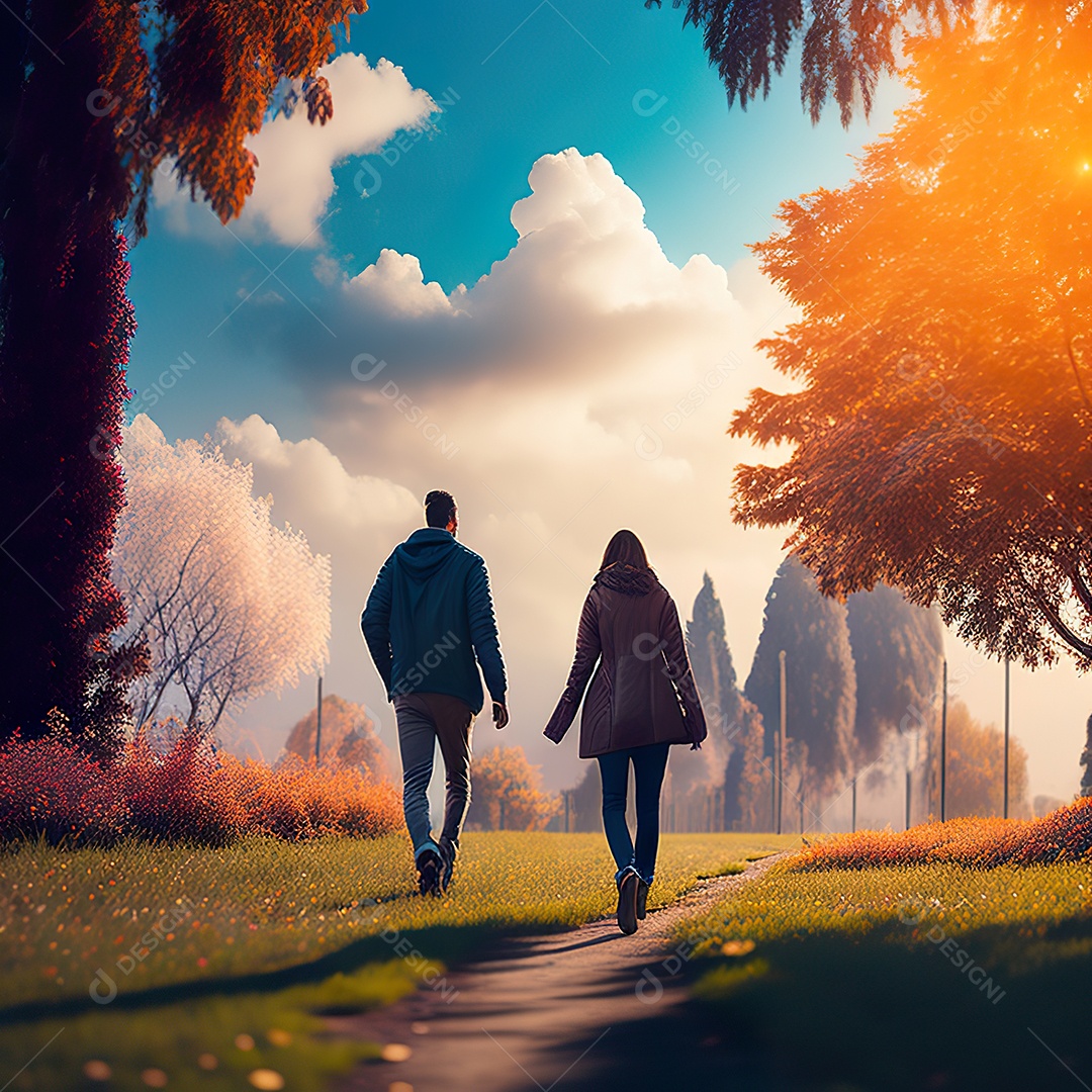 Retrato de um casal jovens caminhando