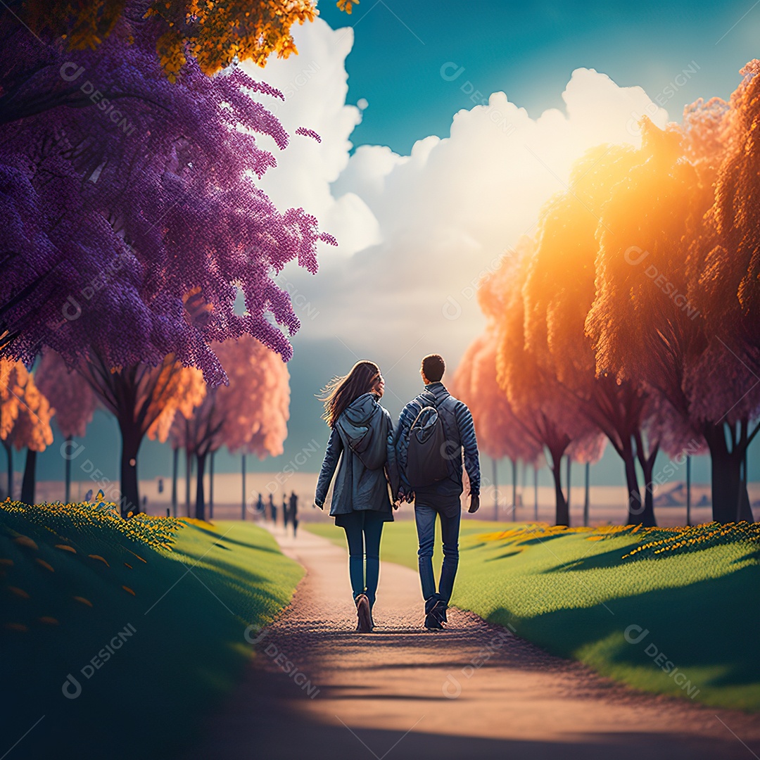 Retrato de um casal jovens caminhando