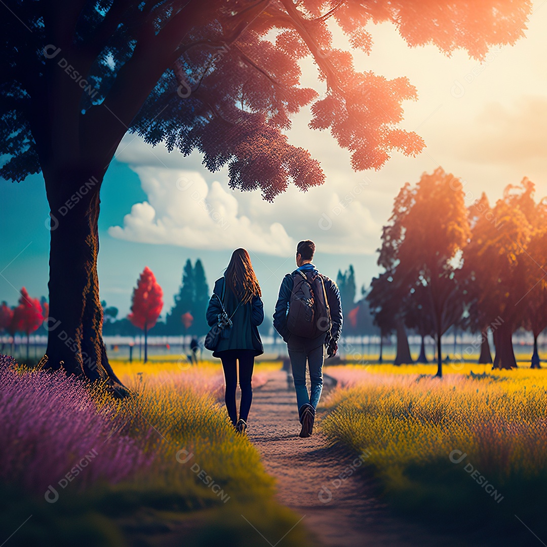 Retrato de um casal jovens caminhando