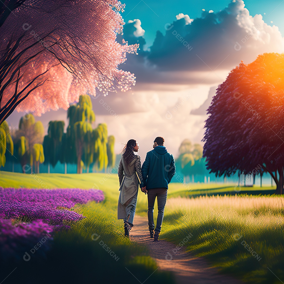 Retrato de um casal jovens caminhando