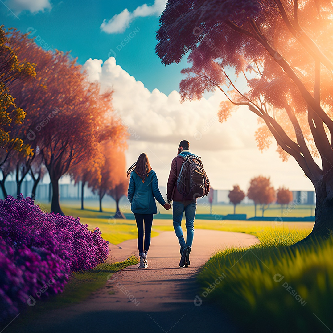 Retrato de um casal jovens caminhando