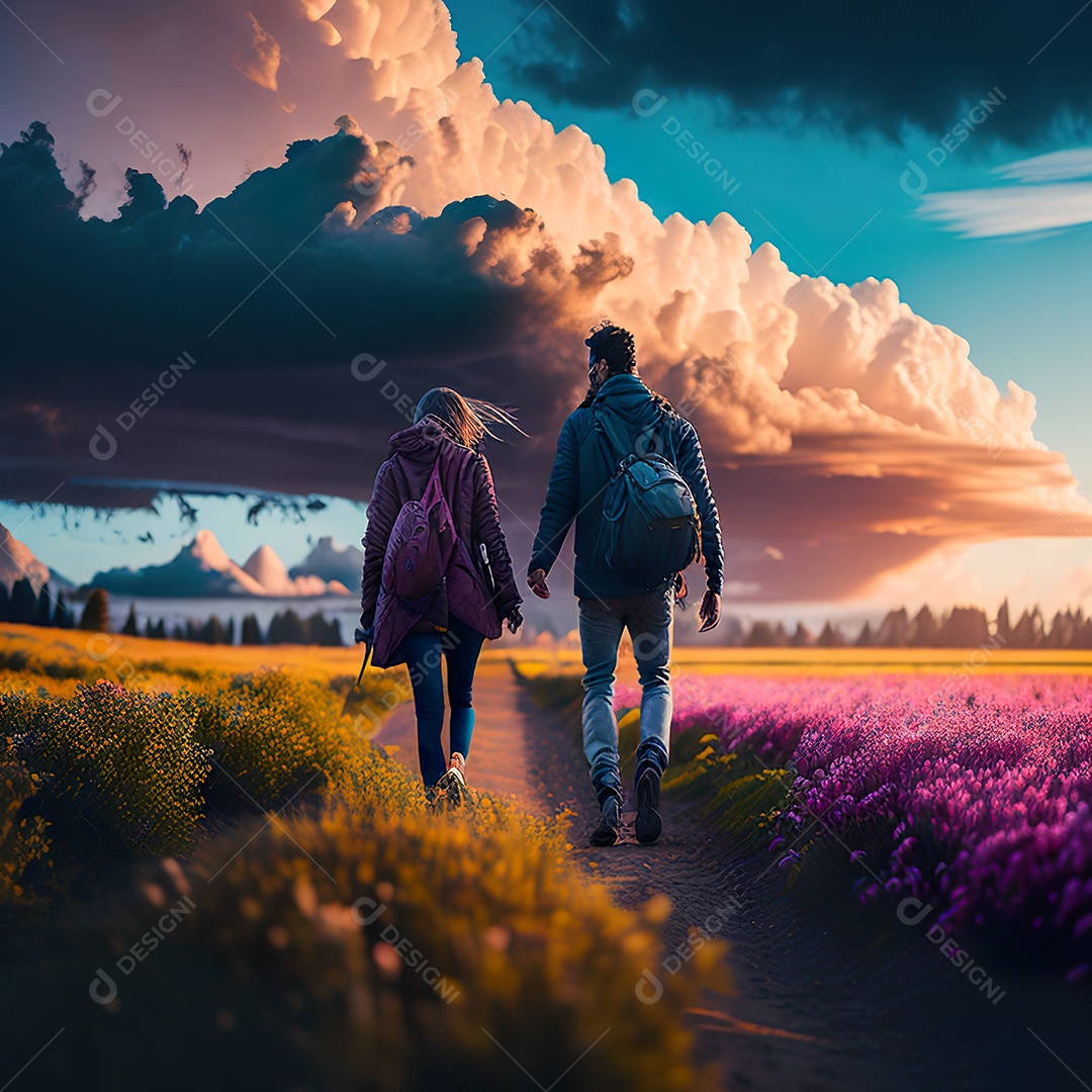 Retrato de um casal jovens caminhando