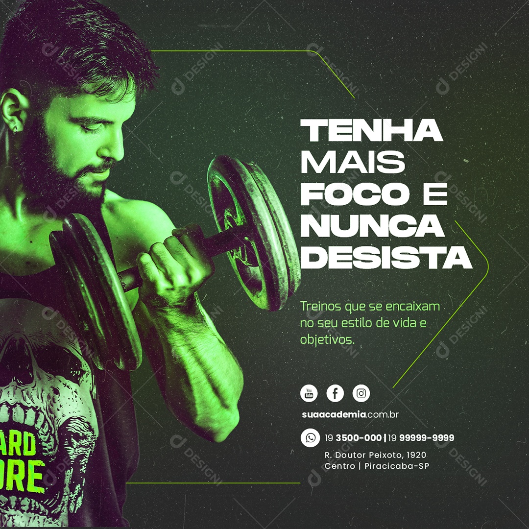Tenha Mais Foco E Nunca Desista Academia Social Media PSD Editável
