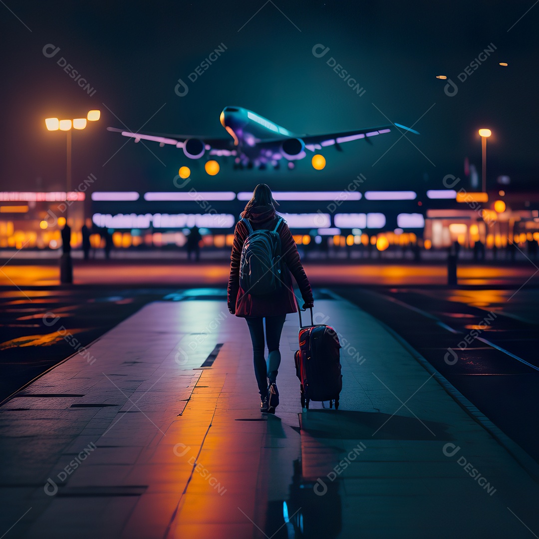 Imagem realista de mulher jovem sobre aeroporto