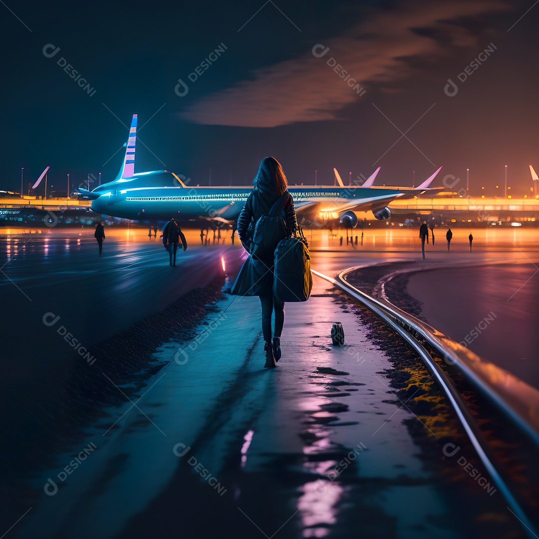 Imagem realista de mulher jovem sobre aeroporto