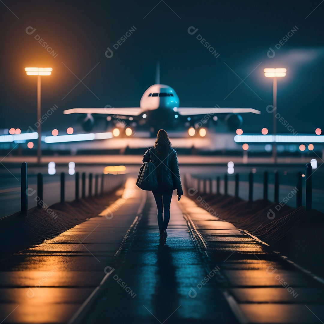 Imagem realista de mulher sobre aeroporto
