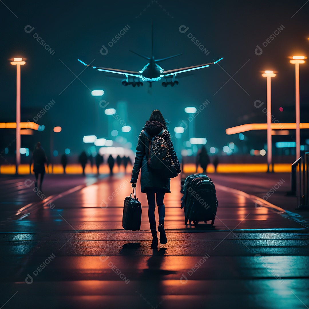 Imagem realista de mulher sobre aeroporto