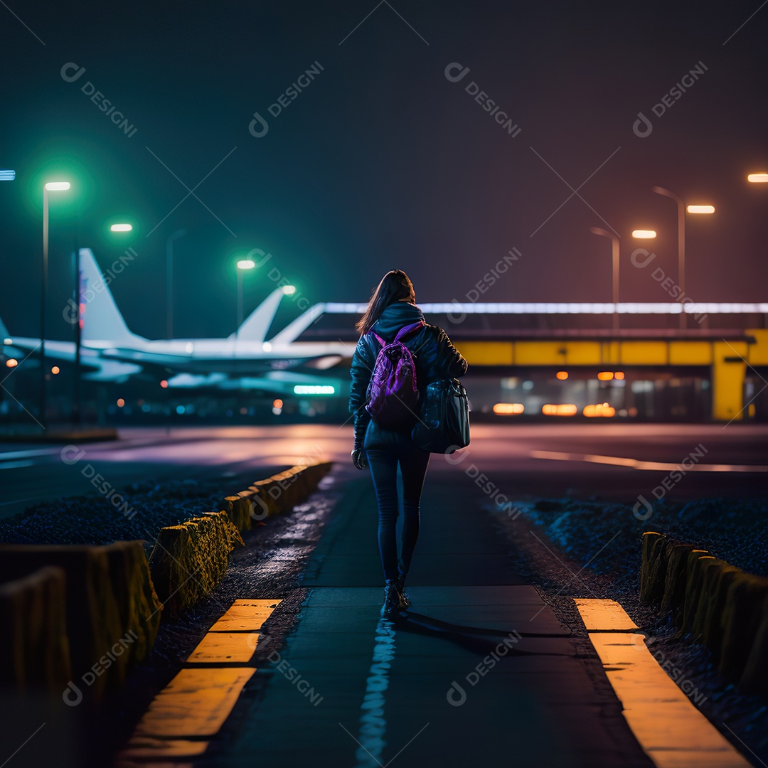 Imagem realista de mulher jovem sobre aeroporto
