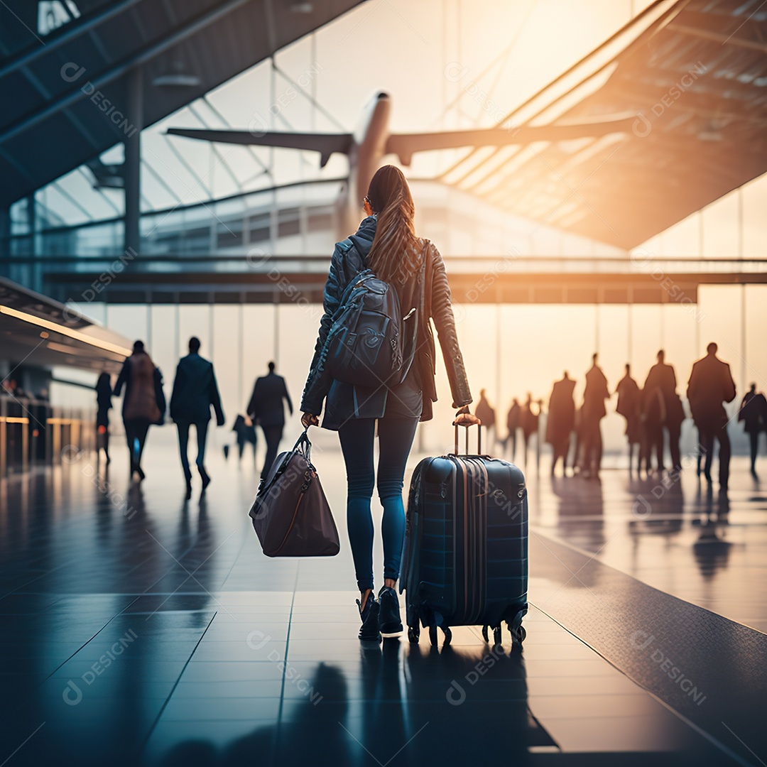 Imagem realista de mulher sobre aeroporto